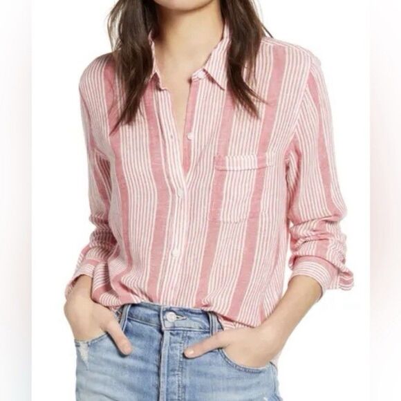 Rails Charli Linen Blend Button Up Shirt Bristol Stripe Red White Size Small - Picture 1 of 12